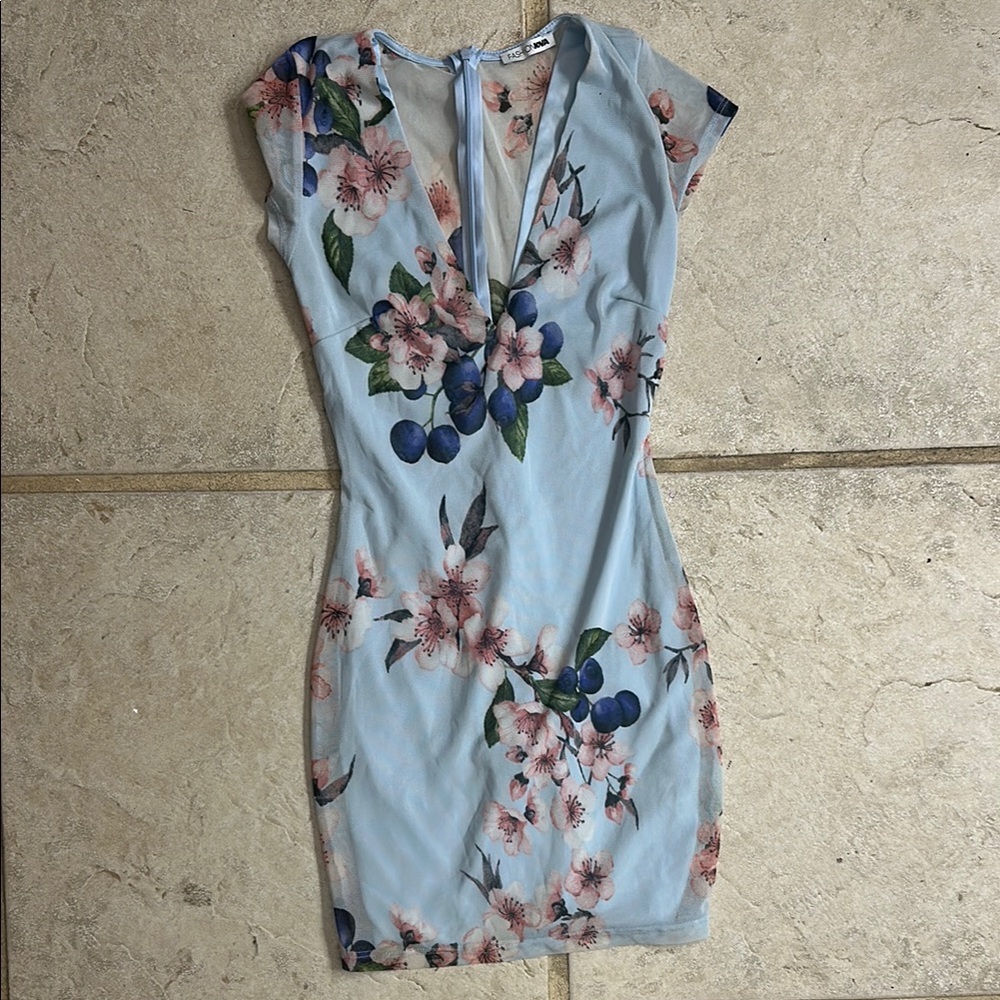 Fashion Nova Ruched Bodycon Dress in Blue and Pink